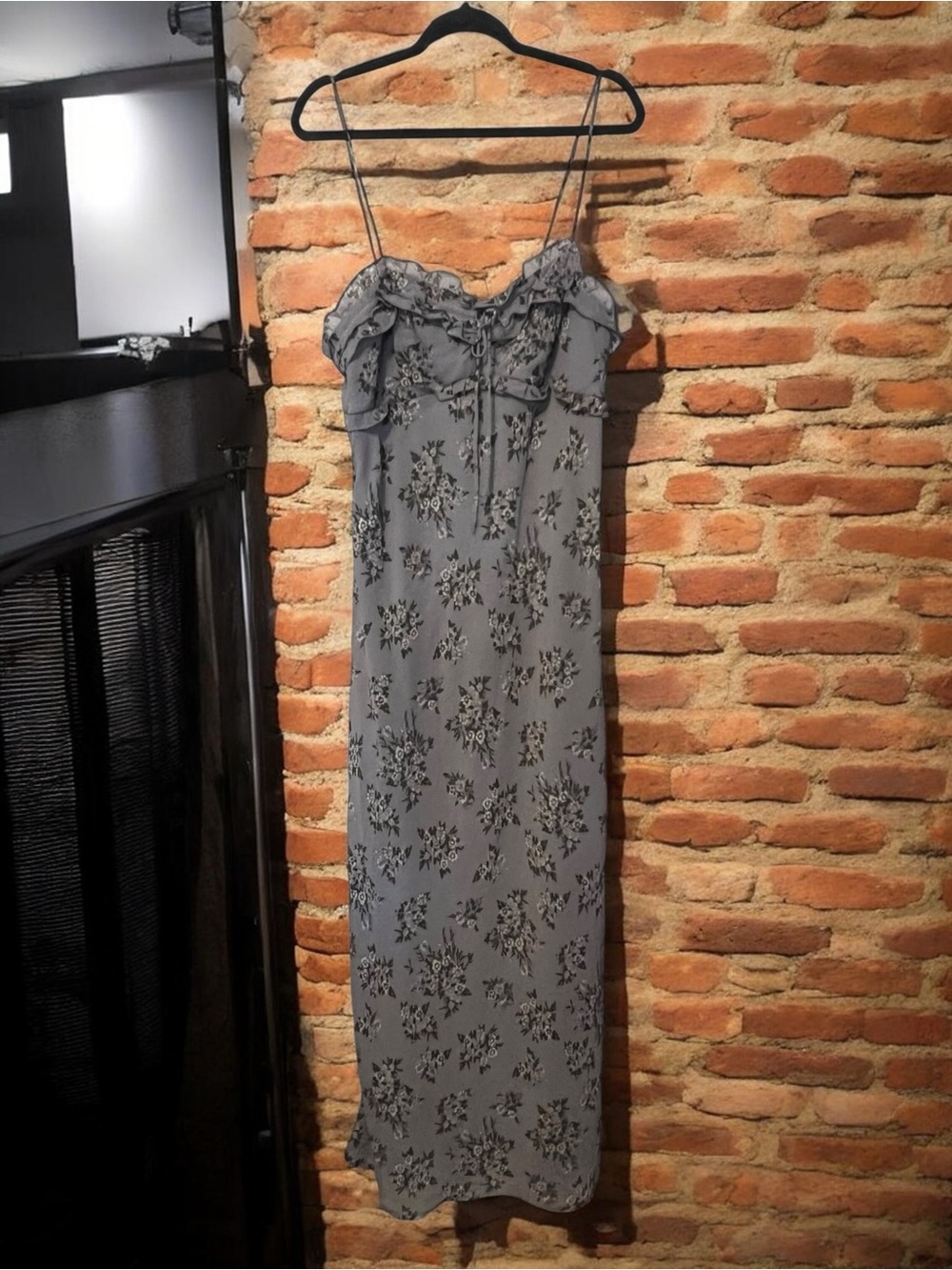 wild fable Steel Gray Floral Ruffled Spaghetti-Strap Maxi Dress